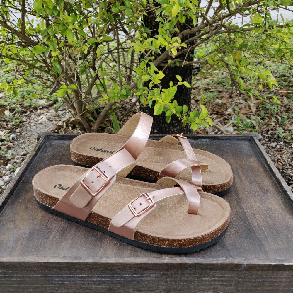 Cork Slide On Toe Loop Sandals Rose Gold